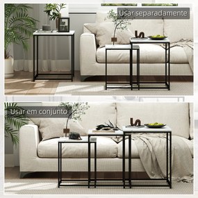 Conjunto de 3 Mesas Auxiliares para Sala de Estar com Efeito Mármore e Estrutura de Aço Estilo Moderno Branco e Preto