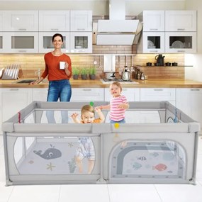 Parque infantil 206 x 147 x 68,5 cm com padrão oceânico Tapete Centro de atividades Atóxico Bolas Transpirável Fecho de correr Cinza