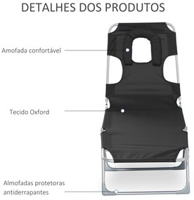 Outsunny Espreguiçadeira de Jardim Reclinável e Dobrável com Orifício de Leitura Apoio para Cabeça e Encosto Ajustável em 4 Níveis para Praia 182x56x24,5 cm Preto