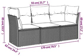 3 pcs conjunto sofás de jardim com almofadões vime PE castanho