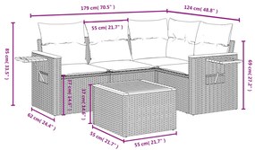 5 pcs conjunto sofás de jardim c/ almofadões vime PE cinzento