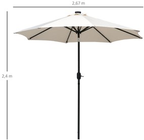 Outsunny Chapéu de Sol de Jardim Ø270x240cm com 24 Luzes LED Solar Mecanismo de Inclinação Manivela e Mastro Desmontável de Metal para Terraço Piscina Pátio Creme