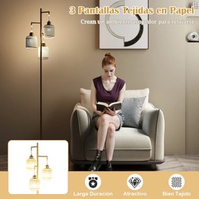 Candeeiro de pé vintage com 3 luzes 25x25x173 cm, abajur de papel tecido, interruptor de pedal, estrutura metálica, para sala, quarto ou escritório, D