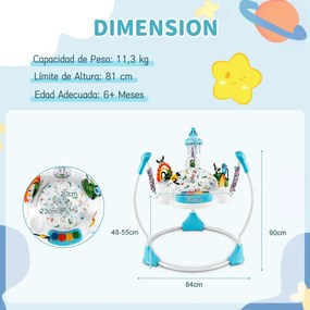 Centro de atividades para bebés com saltador, 6 brinquedos, luzes, música, 3 alturas ajustáveis, mesa giratória 360° para 6+ meses, Azul