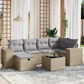 7 pcs conj. sofás jardim c/ almofadões vime PE bege misturado