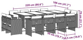 13 pcs conjunto jantar p/ jardim c/ almofadões vime PE cinzento