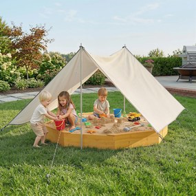 Caixa de areia crianças em madeira com toldo 214,5 x 214,5 x 22,5 cm, caixa de areia infantil para exterior com 4 bancos, forro no fundo, amarela