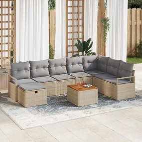 Conjunto de Sofá de 9 Peças para Jardim com Almofadas Bege Vime Poliéster