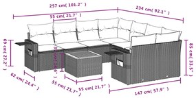 9 pcs conjunto de sofás p/ jardim com almofadões vime PE bege