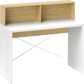 HOMCOM Secretária 110x50x102,6 cm Mesa de Escritório com 2 Compartimentos Abertos e Prateleira Branco e Madeira | Aosom Portugal