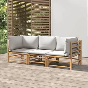 3 pcs conj. lounge de jardim bambu c/ almofadões cinzento-claro