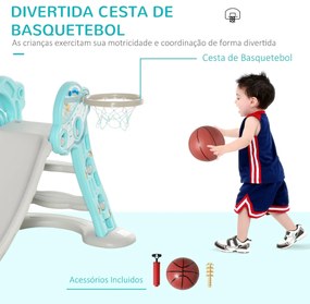 Escorrega Infantil Dobrável com Cesta de Basquetebol para Crianças acima de 18 meses Modelo Disco Voador para Interiores e Exteriores 140x87x75cm Azul