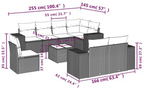 9 pcs conjunto sofás p/ jardim com almofadões vime PE cinzento