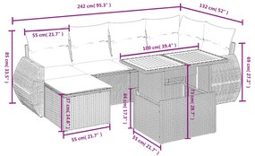 7 pcs conjunto sofás p/ jardim c/ almofadões vime PE cinzento
