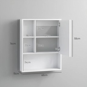 Armário de parede para casa de banho com espelho 60 x 15 x 76 cm, móvel de casa de banho, 5 compartimentos e prateleira ajustável, branco