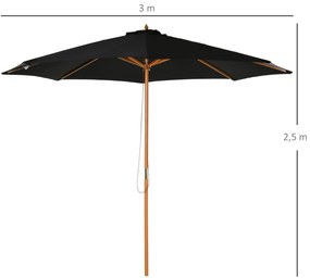 Chapéu de Sol de Jardim Ø300x250cm com Sistema de Polia Teto Ventilado e Mastro Desmontável de Madeira para Terraço Pátio Exterior Preto