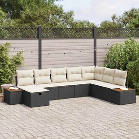 vidaXL Conjunto de Sofá de Jardim com Almofadas Rattan Polido Preto de 8 Peças