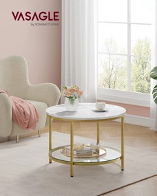 Mesa de centro de 2 níveis com tampo de vidro imitação mármore 65 x 46 cm (Ø x H) branco-Dourado claro