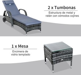 Espreguiçadeiras x2 com Mesa de Vime Chaise Longue para Jardim Pátio C