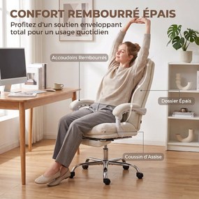 Cadeira de escritório ergonómica, reclinável em chenille, altura ajustável, apoio para os pés, creme