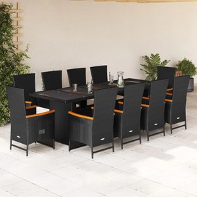 vidaXL 11 pcs conjunto de jantar p/ jardim c/ almofadões vime PE preto