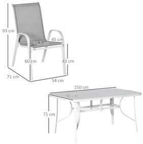 Conjunto de Jardim Refeição de 7 Peças Jogo de Mesa e 6 Cadeiras para Terraço com Tampo de Vidro Cinza + branco