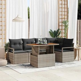 Conjunto de Sofá de Jardim de 6 Peças com Almofadas Cinza Rattan Poliéster