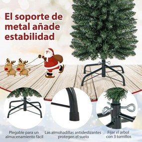 Árvore de Natal artificial pré-iluminada de 150 cm em forma de lápis com luzes LED brancas quentes Suporte de metal dobrável verde