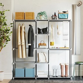 Guarda Roupa 182x43x185 cm Armário Aberto com 8 Prateleiras de Tecido Barras para Pendurar Cinza