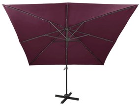 Guarda-sol jardim cantilever c/ poste e luzes LED 300 cm bordô