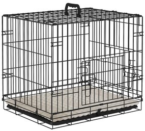 PawHut Gaiola para Cães Dobrável com Almofada com 2 Portas Alça de Transporte Bandeja Removível 60x40x50 cm Preto e Bege