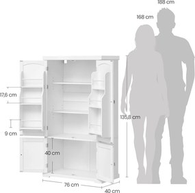 Armário de cozinha 40 x 76 x 135,8 cm com 4 prateleiras ajustáveis e 6 compartimentos nas portas Branco