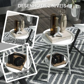 Mesa de Jardim Redonda de 2 Níveis Mesa de Exterior Ø32x51 cm com Bandeja Inferior e Estrutura de Metal Branco
