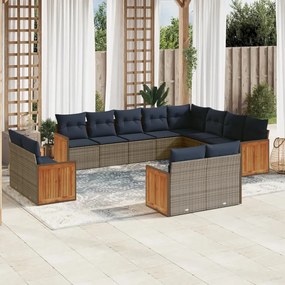 vidaXL 12 pcs conjunto sofás p/ jardim c/ almofadões vime PE cinzento