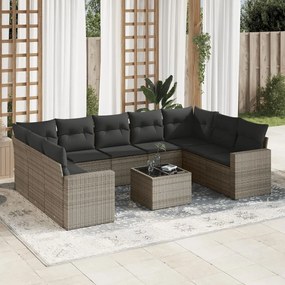 10 pcs conjunto sofás de jardim c/ almofadões vime PE cinzento