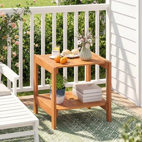 Mesa apoio de madeira para jardim com 2 níveis de arrumação e orifício para guarda-sol de 4 cm (51 x 48 x 45 cm), ideal para pátio, terraço ou varanda