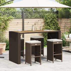 Bancos de bar com almofadões para jardim 4 pcs vime PE castanho