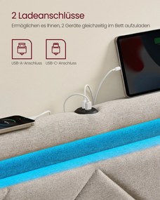 Estrutura de cama casal 140 x 200 cm (COLCHÃO NÃO INCLUIDO) em metal com iluminação LED nas gavetas e cabeceira bege cappuccino