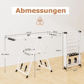 Estendal dobrável 141 x 56 x 99–148 cm com braços ajustáveis, pinças para meias e prateleira para sapatos, estendal para roupa, cor branca