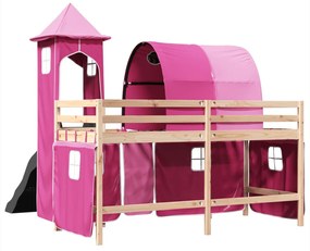 Cama alta para criança com torre 80x200 cm pinho maciço rosa