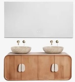 Conjunto De Móvel De Casa De Banho Dupla Suspensa 130x45 Cm Em Madeira De Manga E Pedra Natural Kivalina Retangular Led E Anti-embaciamento 140x75 Cm