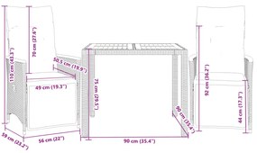 3 pcs conjunto bistrô de jardim c/ almofadões vime PE cinza