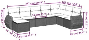 9 pcs conjunto sofás p/ jardim com almofadões vime PE cinzento