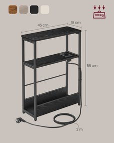 Mesa de cabeçeira ou Mesa de apoio, com 1 tomada e 2 portas USB e 3 prateleiras estreitas 18 x 45 x 58 cm Preto