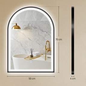 Espelho de casa de banho com iluminação, 50 x 70 cm, espelho LED arqueado, antiembaciamento, 3 cores de luz, intensidade regulável, memória, preto