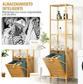 Cesto de roupa Suja retrátil em bambu Prateleira de casa de banho Torre organizadora de lavandaria Torre de lavandaria 3 Estantes 40 x 33 x 160 cm Nat