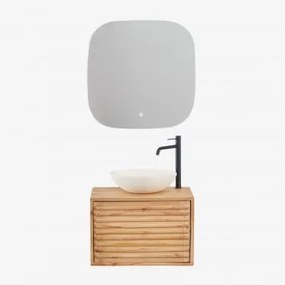 Conjunto De Móveis De Banheiro De Madeira Suspensos Deleyna Madeira Natural & Cimento Redondo Branco Ø40 Cm Zavion & Quadrado Led - Sklum