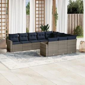 10 pcs conjunto sofás p/ jardim c/ almofadões vime PE cinzento