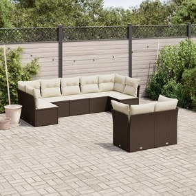 9 pcs conjunto sofás p/ jardim c/ almofadões vime PE castanho