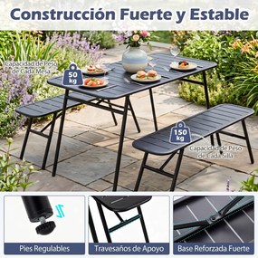 Conjunto de 3 Peças, Mesa de Piquenique e 2 Bancos Dobráveis, 120 x 60 x 75 cm, Estrutura Metálica, Preto